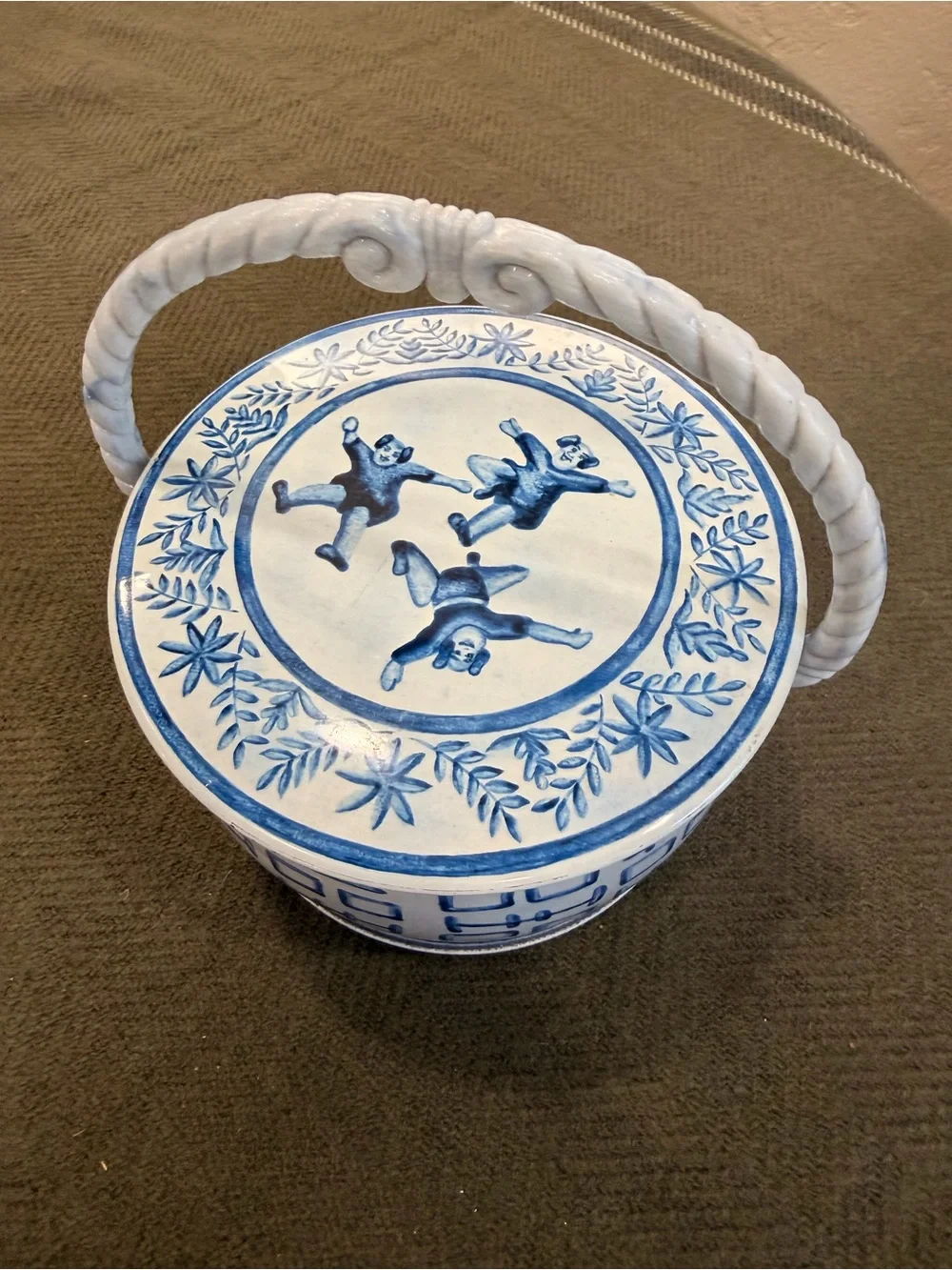 Vintage Blue and White Fricke & Nacke Chinoiserie Tin with Lid and Handle